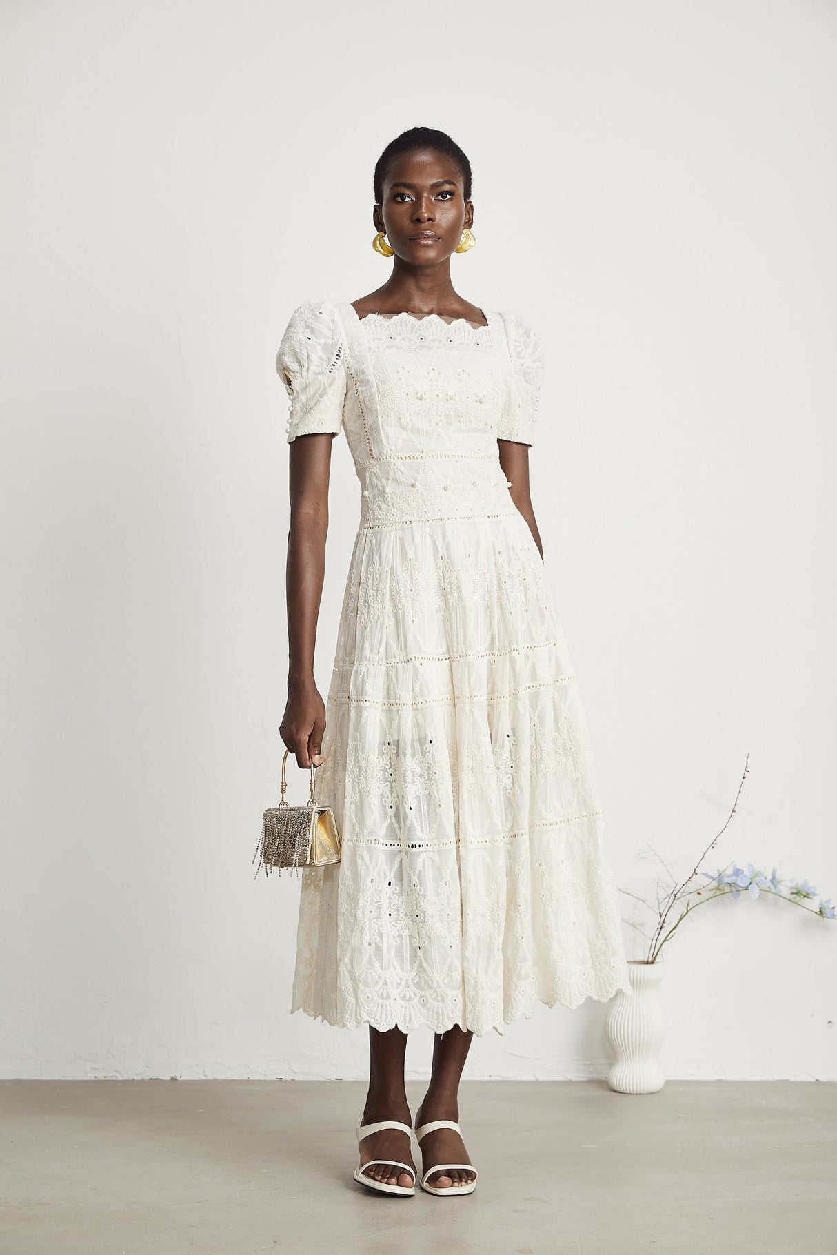 Anaïs fauxpearl embellished cutout midi dress