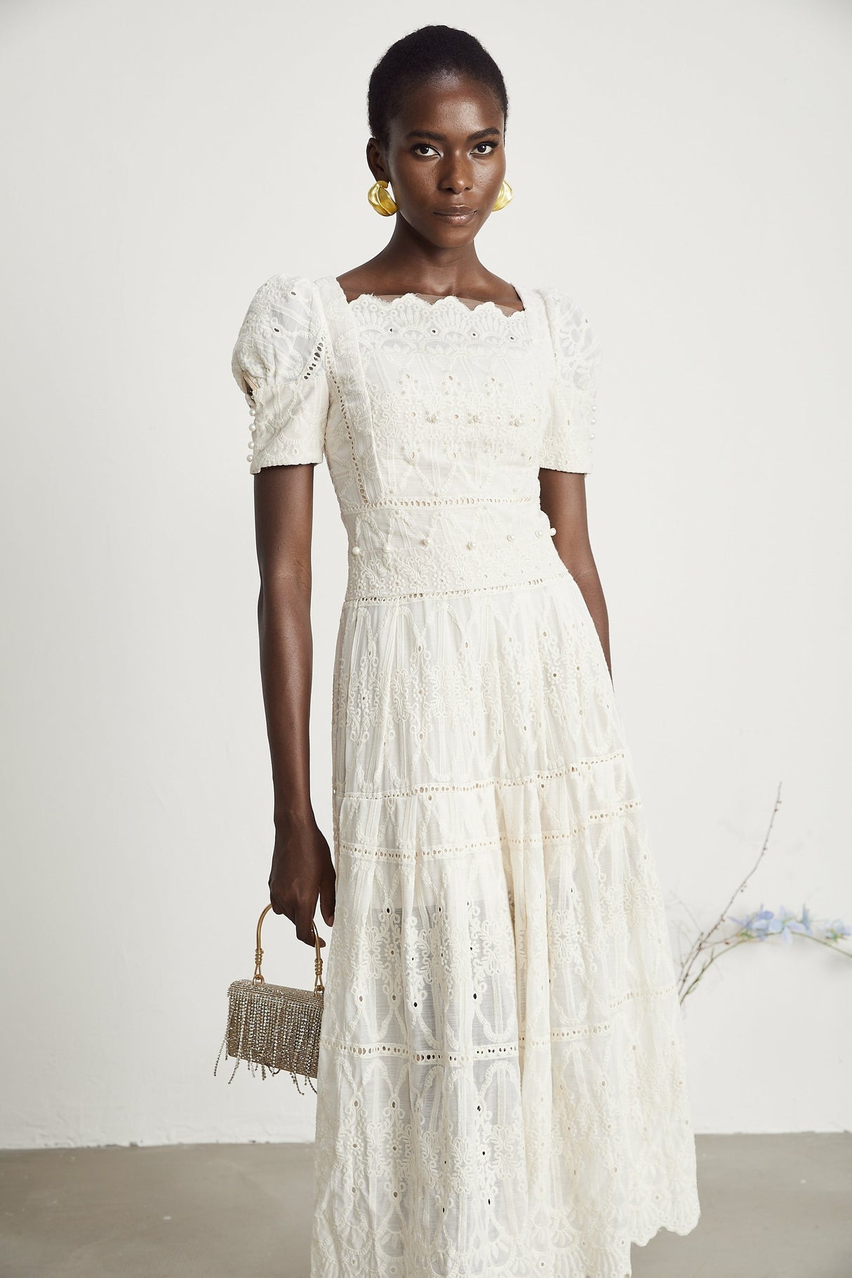 Anaïs fauxpearl embellished cutout midi dress