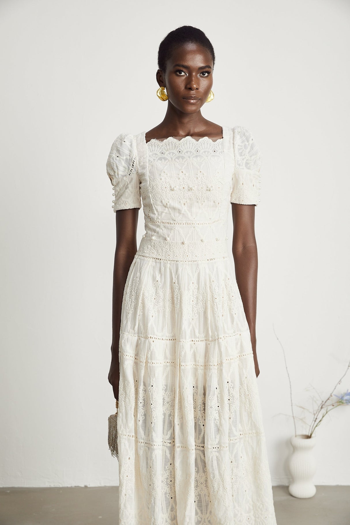 Anaïs fauxpearl embellished cutout midi dress