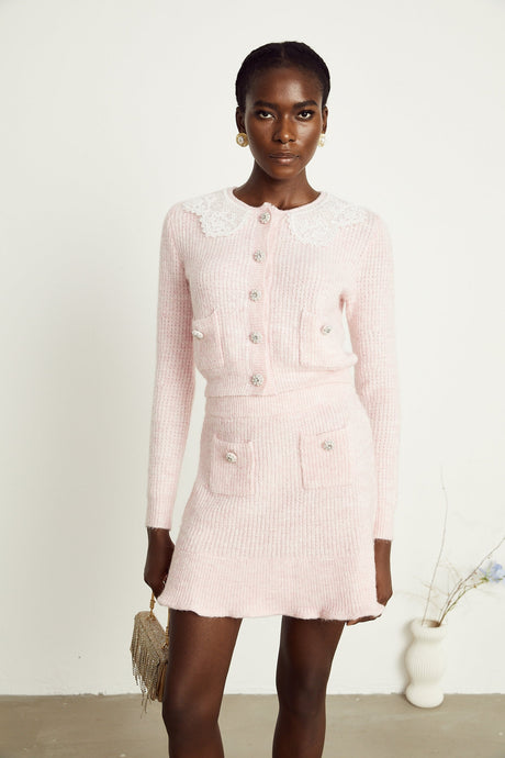 Anaïs pink ribbedknit cardigan  skirt matching set