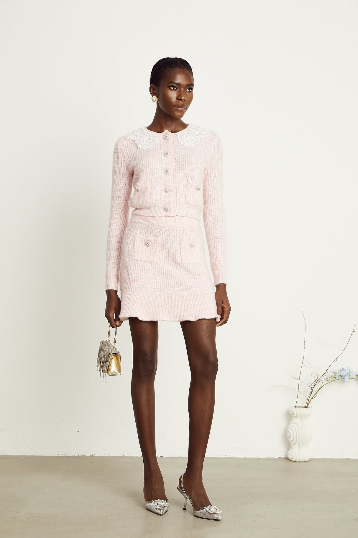 Anaïs pink ribbedknit cardigan  skirt matching set
