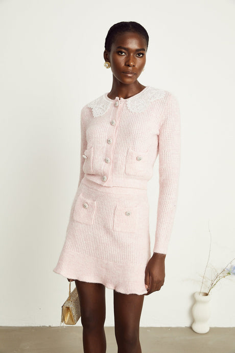 Anaïs pink ribbedknit cardigan  skirt matching set
