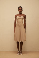 Ananias Khaki Lace Panel Satin Midi Dress