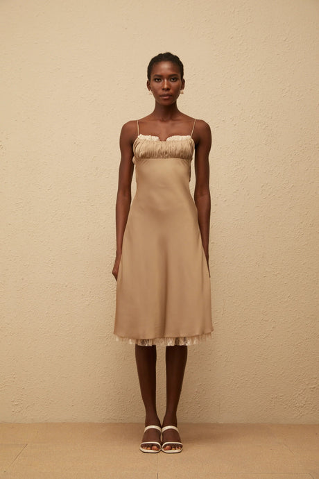Ananias Khaki Lace Panel Satin Midi Dress