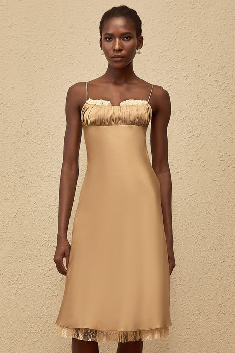 Ananias Khaki Lace Panel Satin Midi Dress
