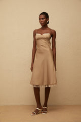 Ananias Khaki Lace Panel Satin Midi Dress