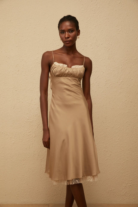 Ananias Khaki Lace Panel Satin Midi Dress