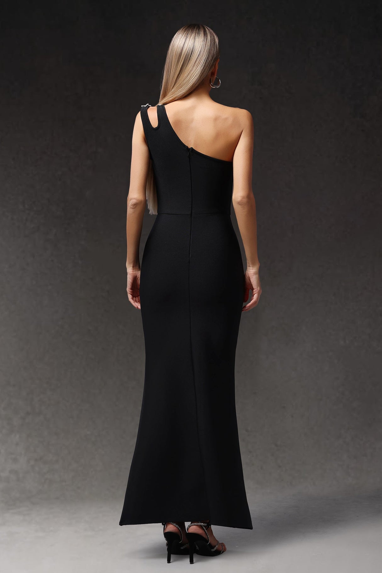 Anastasia Black One-Shoulder Diamond Detail Slit Dress