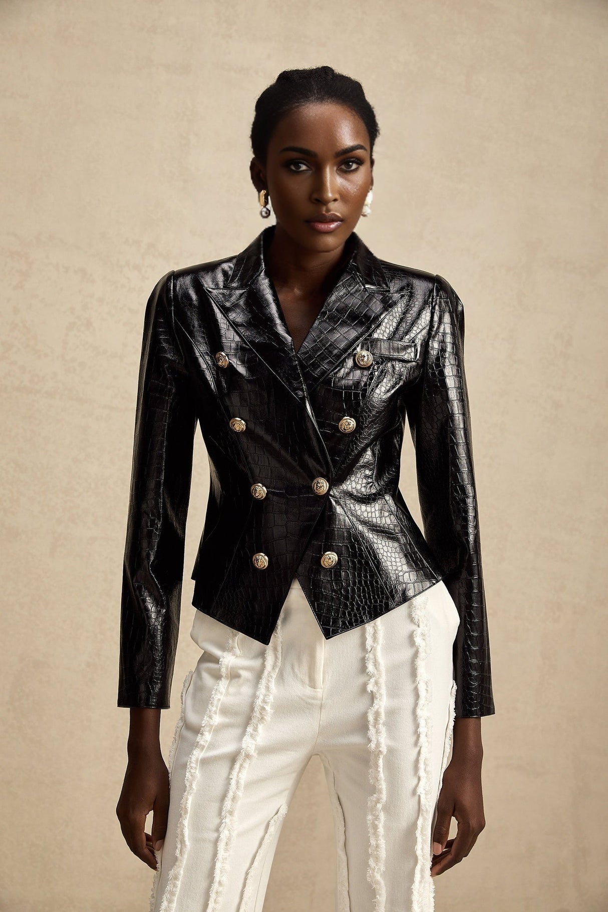Anastasia Jacket - Peak Lapels - Buttoned Cuffs - Cinched Waist - Patent Finish