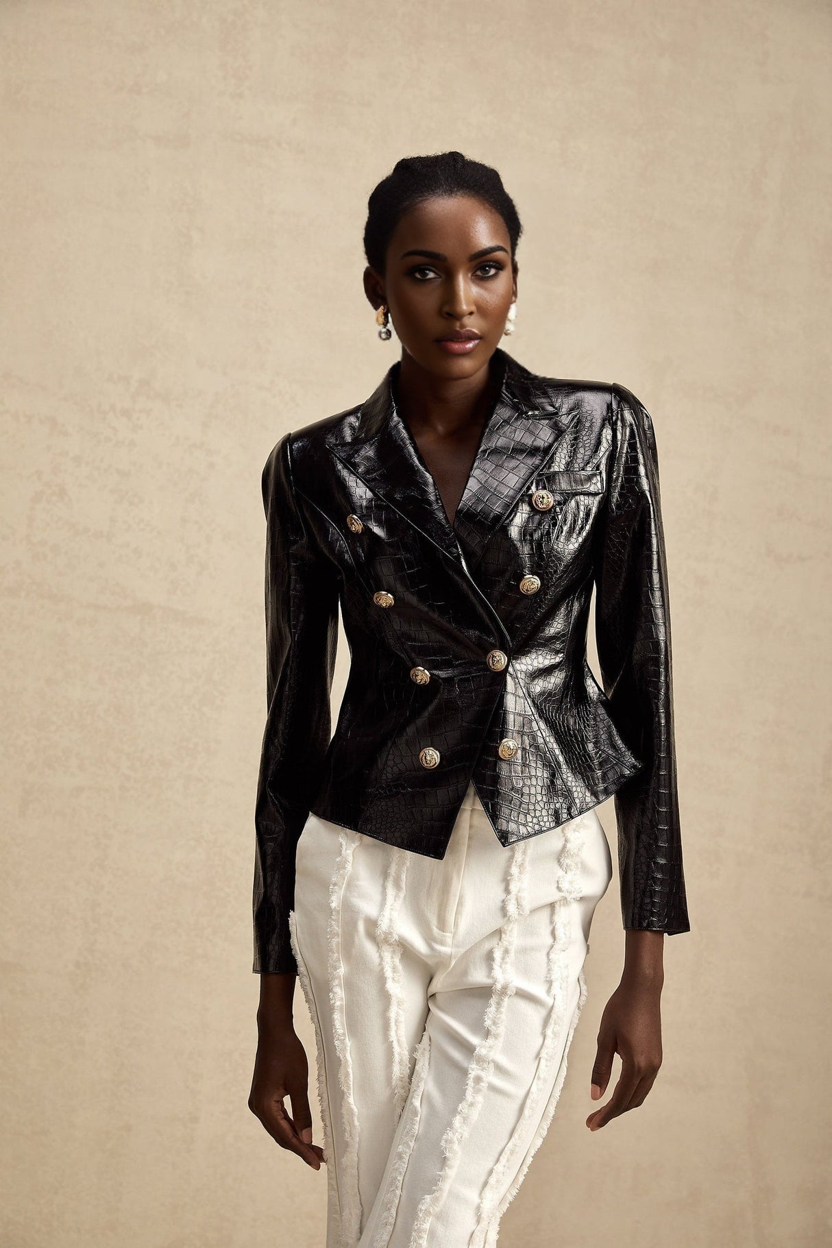 Anastasia Jacket - Peak Lapels - Buttoned Cuffs - Cinched Waist - Patent Finish