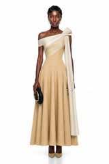 Anastasia Khaki Pleated Maxi Dress with TieWaist Bow Detail