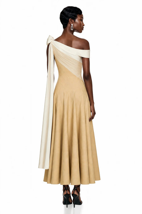 Anastasia Khaki Pleated Maxi Dress with TieWaist Bow Detail