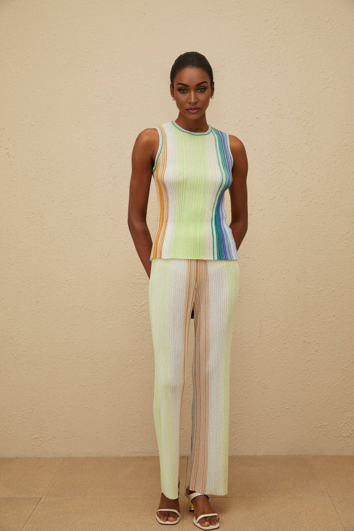 Anastasia Top & Trousers Set - Knitted Construction - Sleeveless Round Neck Top - High Rise Wide Leg Trousers - Glitter Detailing
