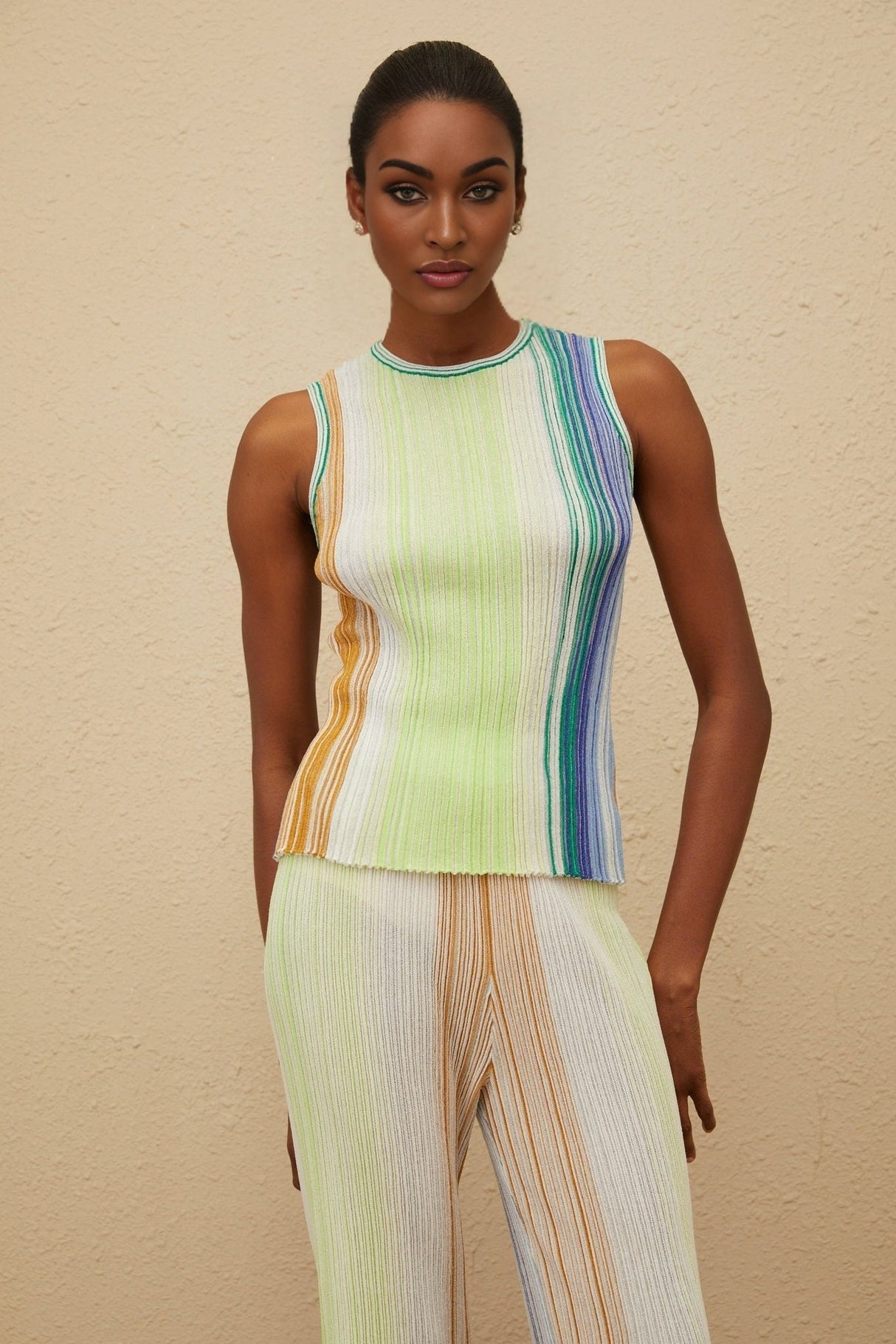 Anastasia Top & Trousers Set - Knitted Construction - Sleeveless Round Neck Top - High Rise Wide Leg Trousers - Glitter Detailing