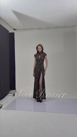 Andrea Black Keyhole Lace Maxi Dress with High Thigh Slit