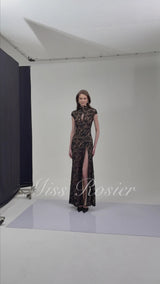 Andrea Black Keyhole Lace Maxi Dress with High Thigh Slit