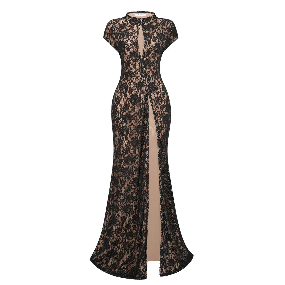 Andrea Black Keyhole Lace Maxi Dress with High Thigh Slit