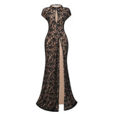 Andrea Black Keyhole Lace Maxi Dress with High Thigh Slit