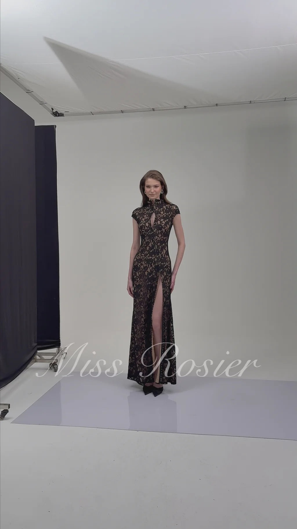Andrea Black Keyhole Lace Maxi Dress with High Thigh Slit