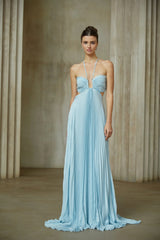 Andréa Blue Pleated Maxi Dress with Cutout Detail