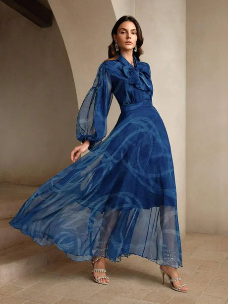 Andrea Maxi Dress - Tie Neck - Bishop Sleeve - High Waist - Asymmetrical Hem - Elegant Style