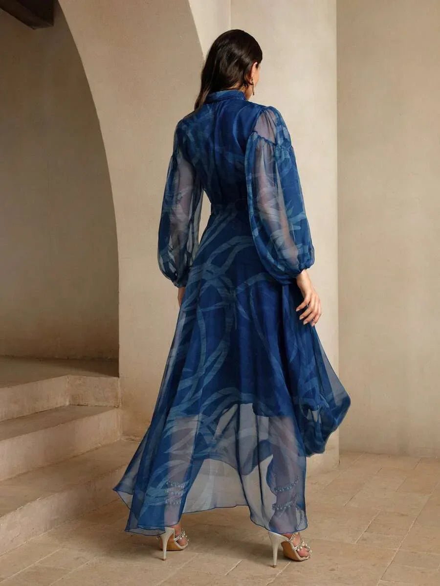 Andrea Maxi Dress - Tie Neck - Bishop Sleeve - High Waist - Asymmetrical Hem - Elegant Style
