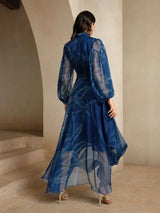 Andrea Maxi Dress - Tie Neck - Bishop Sleeve - High Waist - Asymmetrical Hem - Elegant Style