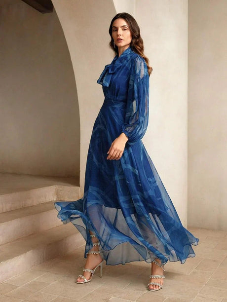 Andrea Maxi Dress - Tie Neck - Bishop Sleeve - High Waist - Asymmetrical Hem - Elegant Style