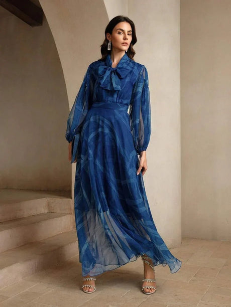 Andrea Maxi Dress - Tie Neck - Bishop Sleeve - High Waist - Asymmetrical Hem - Elegant Style