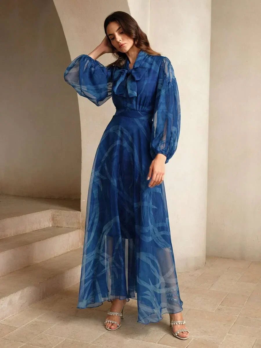 Andrea Maxi Dress - Tie Neck - Bishop Sleeve - High Waist - Asymmetrical Hem - Elegant Style