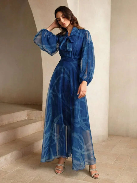 Andrea Maxi Dress - Tie Neck - Bishop Sleeve - High Waist - Asymmetrical Hem - Elegant Style