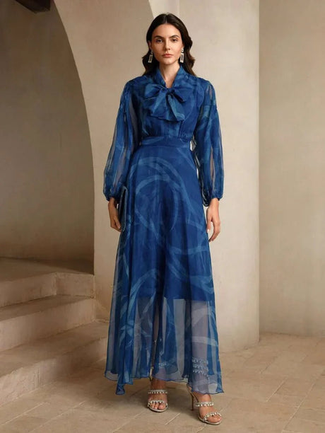 Andrea Maxi Dress - Tie Neck - Bishop Sleeve - High Waist - Asymmetrical Hem - Elegant Style