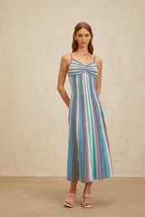 Andrea Midi Dress - V - Neck - Sleeveless - Stripe Pattern - Metallic Threading - Pleated Detailing