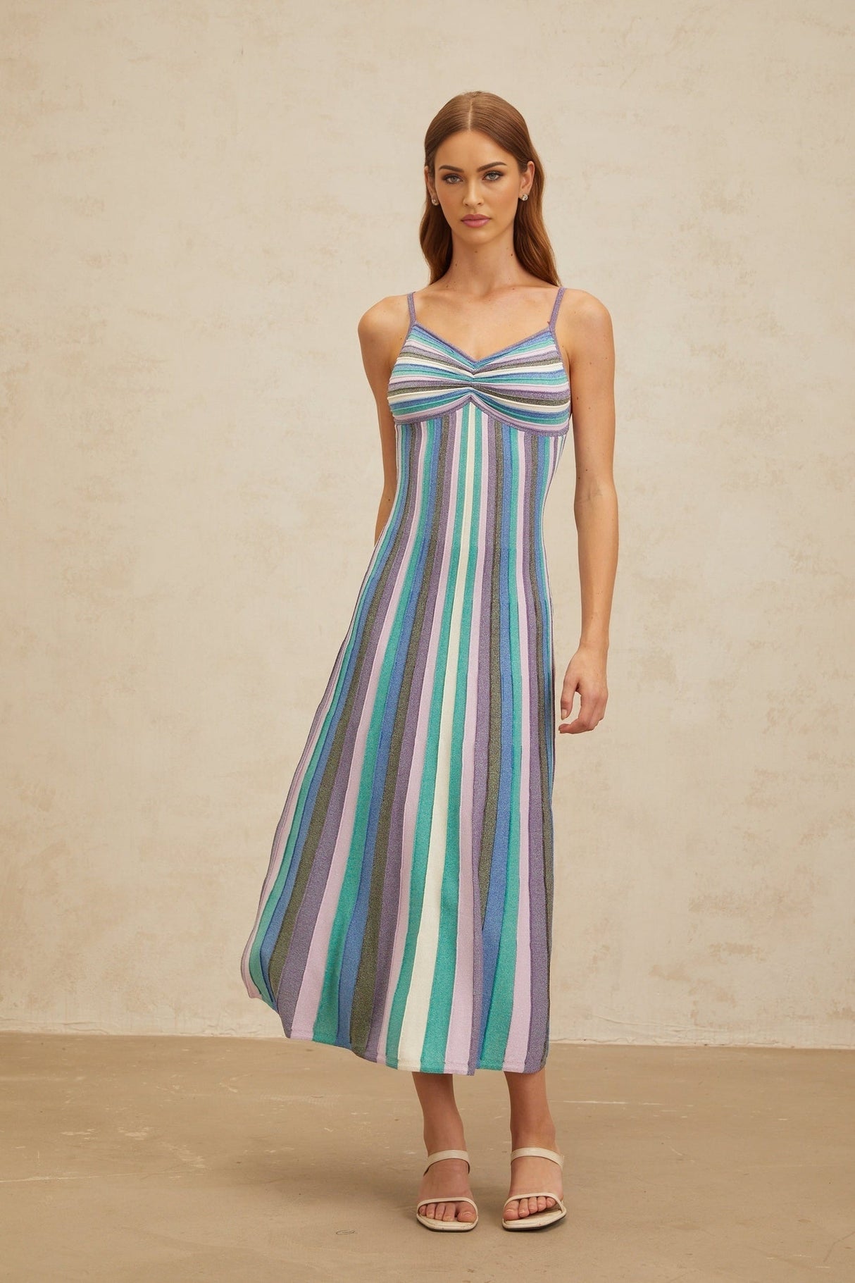 Andrea Midi Dress - V - Neck - Sleeveless - Stripe Pattern - Metallic Threading - Pleated Detailing