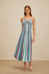 Andrea Midi Dress - V - Neck - Sleeveless - Stripe Pattern - Metallic Threading - Pleated Detailing