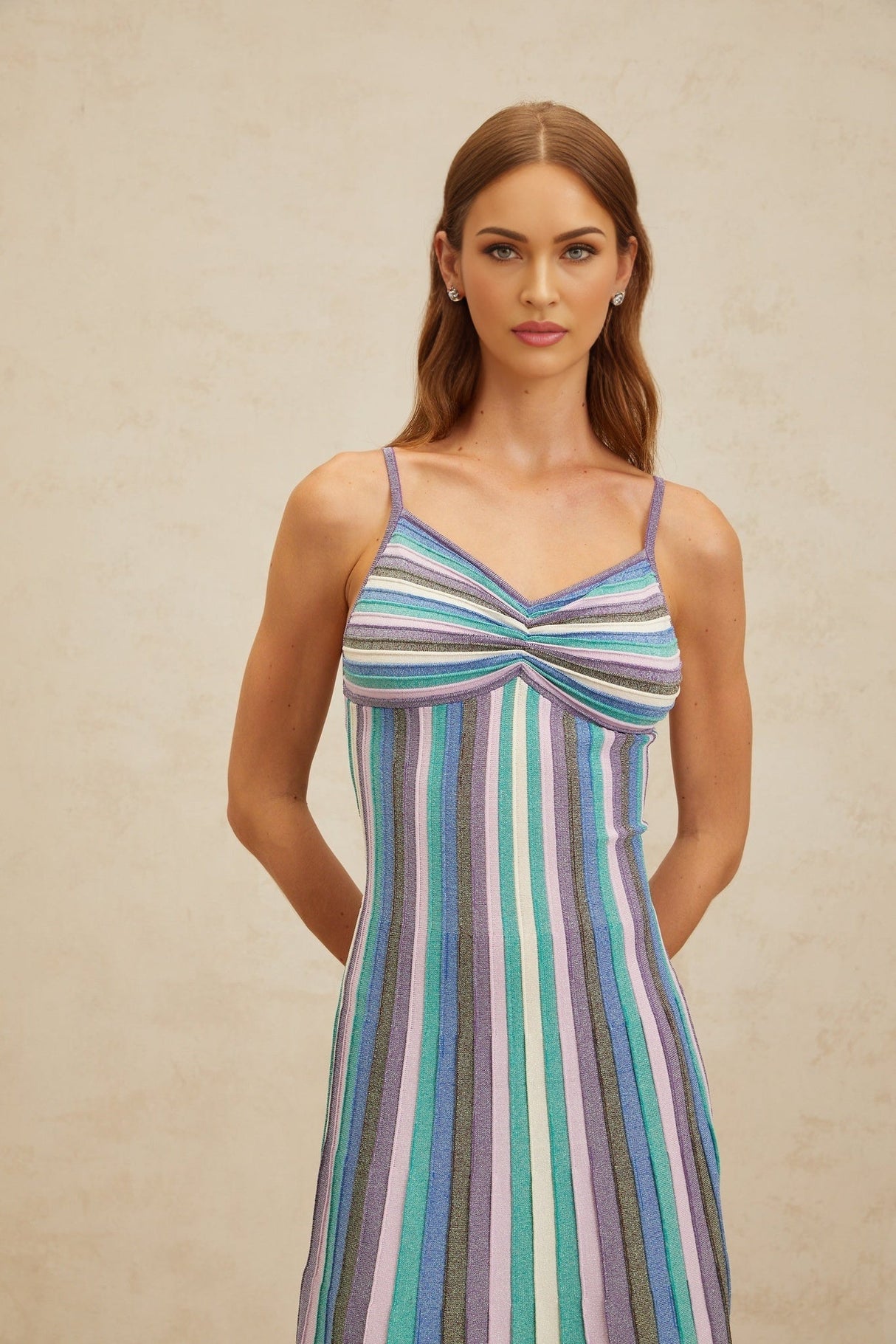 Andrea Midi Dress - V - Neck - Sleeveless - Stripe Pattern - Metallic Threading - Pleated Detailing