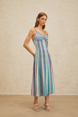 Andrea Midi Dress - V - Neck - Sleeveless - Stripe Pattern - Metallic Threading - Pleated Detailing