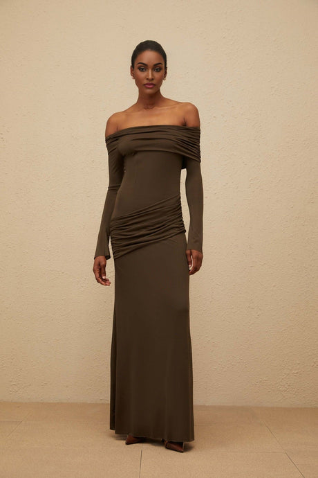 Andromeda Maxi Dress - One Shoulder - Ruched Detail - Stretch Design - Straight Hemline