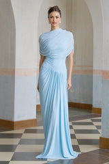 Andromeda Maxi Dress - Sleeveless with Crew Neck - Stylish Shawl Design - Asymmetric Pleated Detailing - Floor - Length Silhouette