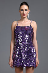 Andromeda Purple Sequin Mini Dress Spaghetti Strap Hemline Lightweight Fabric