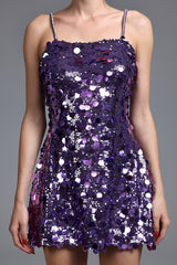 Andromeda Purple Sequin Mini Dress Spaghetti Strap Hemline Lightweight Fabric