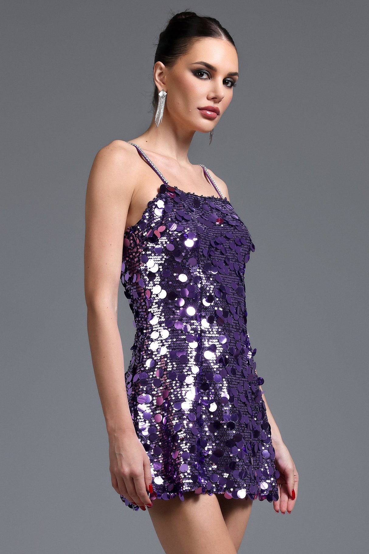 Andromeda Purple Sequin Mini Dress Spaghetti Strap Hemline Lightweight Fabric
