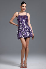 Andromeda Purple Sequin Mini Dress Spaghetti Strap Hemline Night Out Glamorous Event Vibrant Sparkling Lightweight Fabric Confidence Style