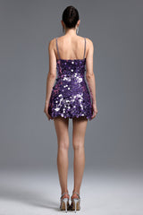Andromeda Purple Sequin Mini Dress Spaghetti Strap Hemline Lightweight Fabric