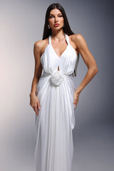 Andromeda White Maxi Dress with Deep-V Halter Neckline and Flower Detailing