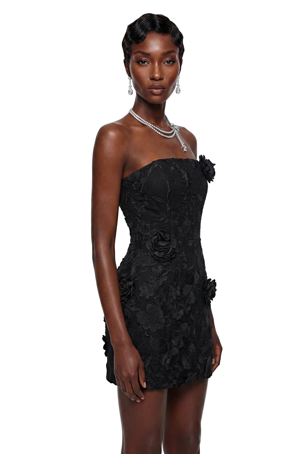 Anette Black Off Shoulder Mini Dress with 3D Petals