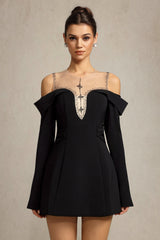 Angel Black Off-Shoulder Bell Sleeve Evening Dress