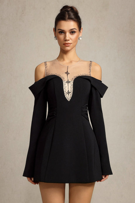 Angel Black Off-Shoulder Bell Sleeve Evening Dress