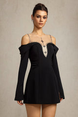 Angel Black Off-Shoulder Bell Sleeve Mini Dress