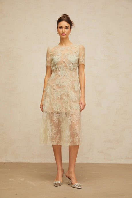 Angel Midi Dress Mint - Green Floral - Lace & Boned Bodice